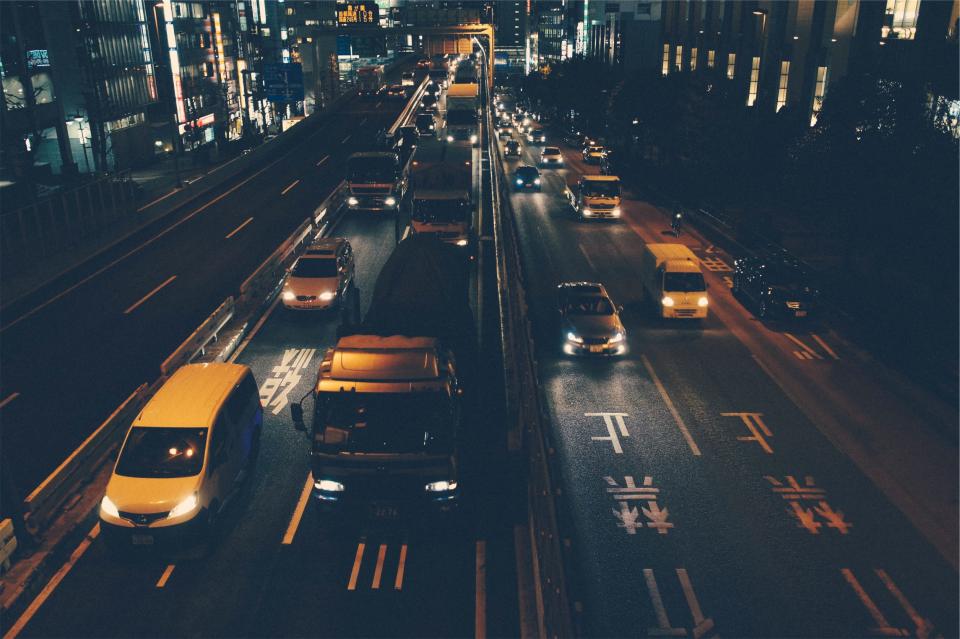 trucks traffic streets roads night lights evening downtown dark city cars buildings asia architecture 