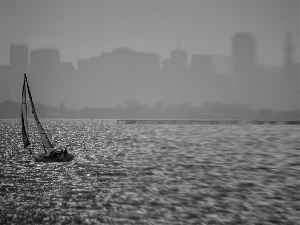 water skyline sailboat pier fog dock 