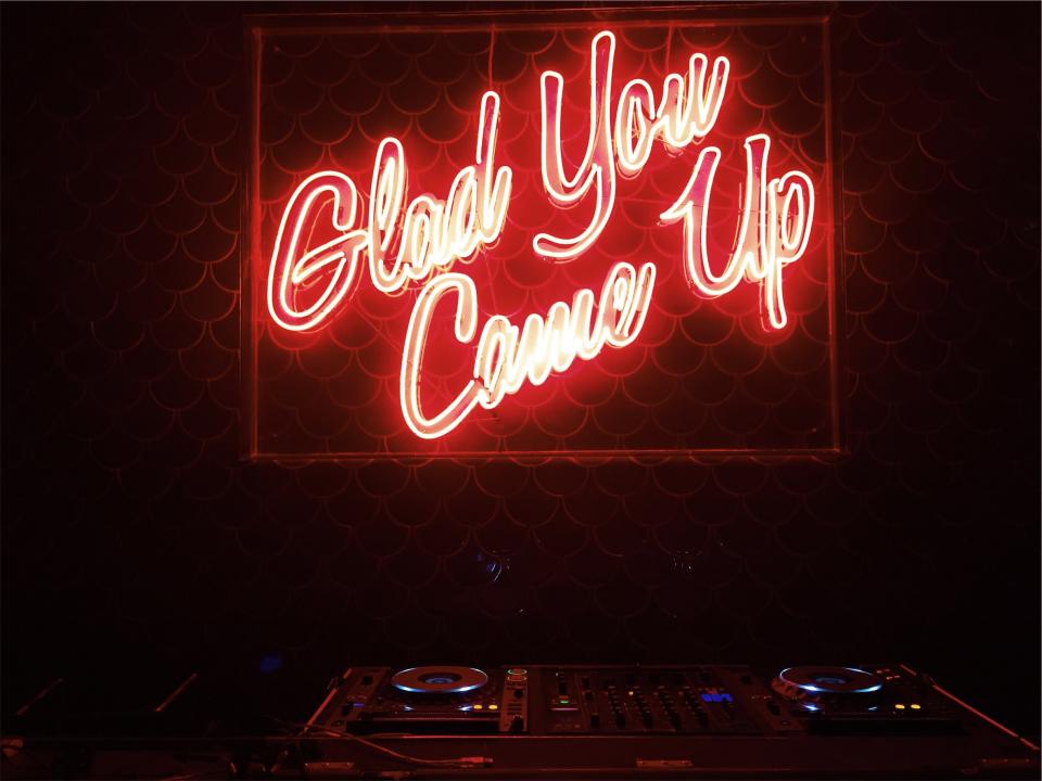 nightclub, dj, equipment, mixer, cdjs, turntables, LED, neon, sign, dark