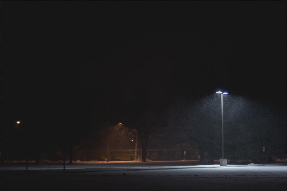 parking lot, snow, lamp post, light, dark, night, evening