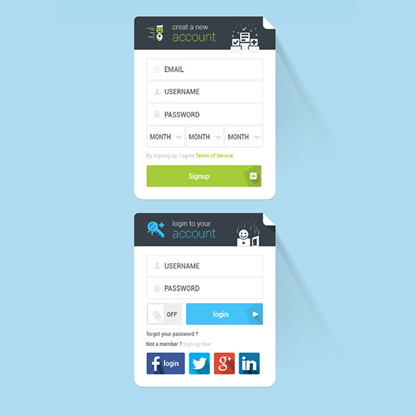 ui kit signup register mobile login icons free form flat download button curled corner creative  