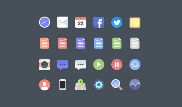 24 Stylish Flat Web Icons Set PSD`