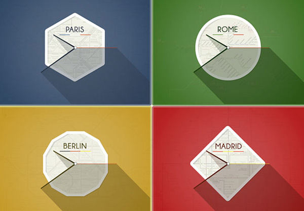4 European Cities Flat Clock Icons PSD
