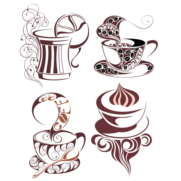 4 Decorated Coffee or Tea Cups Vector Set
