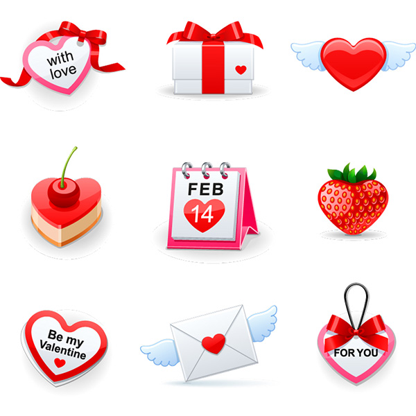 9 Glossy Red Valentine Icons Vector Set