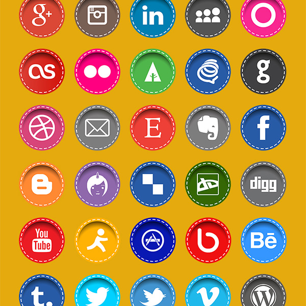 40 Round Social Media Stitched Icons Set
