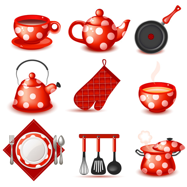 9 Cute Red Kitchen Icons Vector Set