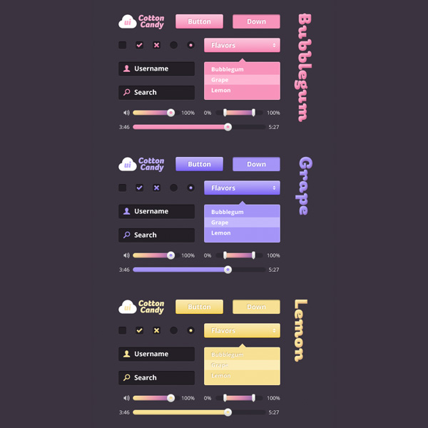 yellow web volume unique ui set ui kit ui elements psd ui elements kit ui elements ui stylish sliders search field search radio buttons quality purple progress bar pink original new modern interface input field hi-res HD fresh free download free elements dropdown psd download detailed design creative cotton candy colorful clean checkboxes buttons 