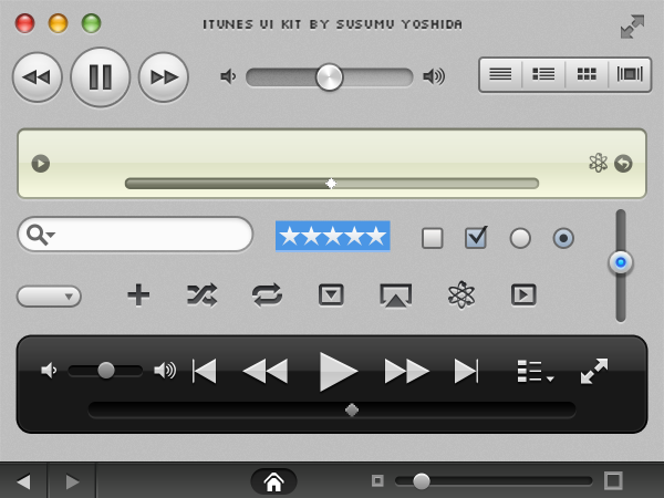 volume ui elements ui sliders slider search box PSD material progress bar player buttons pause iTunes interface design grid view free download free check boxes  