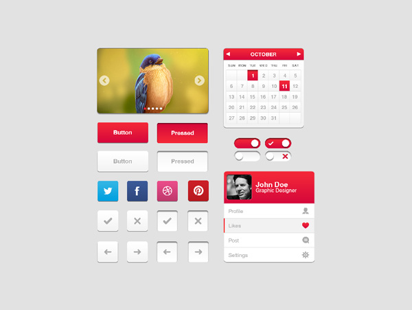 ui set ui kit ui elements ui social icons set red profile menu kit image slider free download free forward/back buttons check boxes calendar buttons 