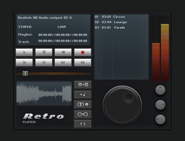 web unique ui elements ui stylish retro quality psd player original new music player music modern interface hi-res HD fresh free download free equalizer elements download detailed design dark creative control knob clean buttons audio 