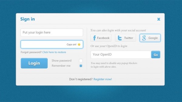 web unique ui elements ui twitter stylish social signin form sign-in with sign in with Facebook register link quality original new modern login interface hi-res HD google fresh free download free form elements download detailed design creative clean buttons blue  