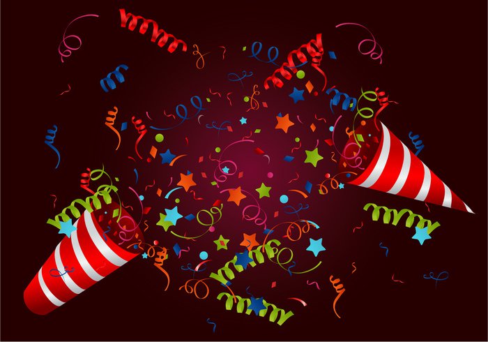 vector swirl surprise spiral shiny ribbon red popper pop party popper party paper joy isolated illustrations happiness fun explosion event Celebrations celebration celebrate carnival blow birthday background anniversary  