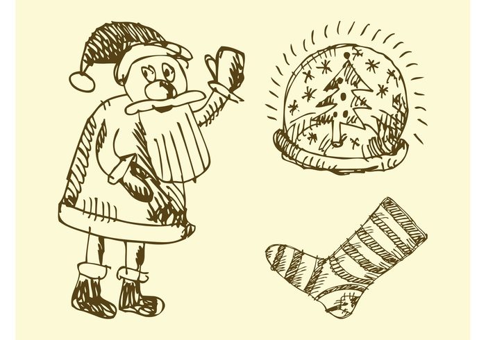 winter stocking snow globe santa claus holiday hand drawn festive drawings doodles christmas celebration 