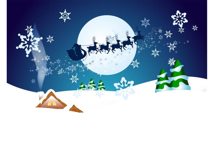 winter trees snow sleigh santa claus reindeer night moon house holiday greeting card festive christmas celebration 