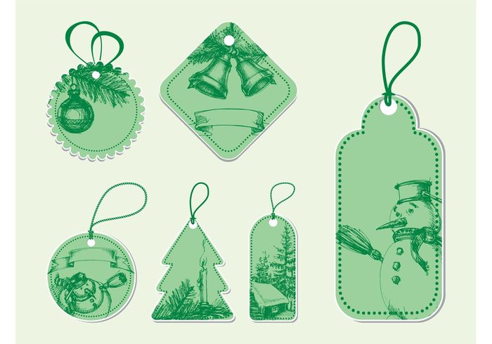 vintage tags stickers snowmen retro ornaments old labels holiday hand drawn festive decorations celebration 