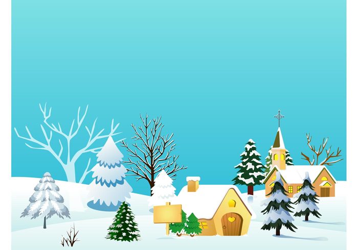 winter trees snow sign house holiday greeting card cottage church christmas celebration cartoon 