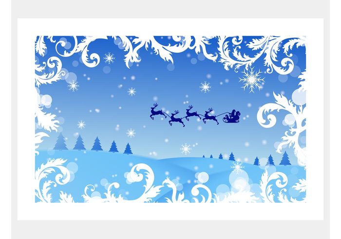 winter trees swirls snowflakes snow Sleight santa claus reindeer holidays greeting card festive deer celebration 