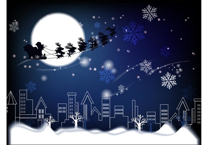 winter snowflakes snow sleigh santa claus reindeer night moon holiday greeting card festive city christmas 