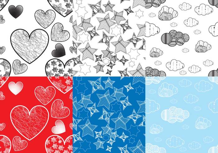 white vector thick texture straight stars star solid red pattern organic movement motion lines line isolated hearts heart handmade curves curve crosshatch colors color clouds cloud blue background 