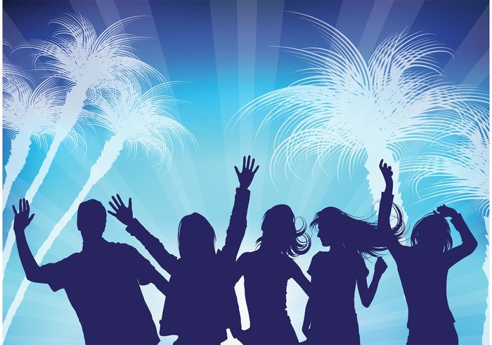 silhouettes poster party palm trees palm Outdoor invitation girl flyer dancing dance club boy bar 