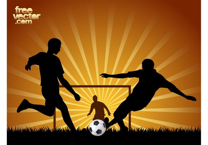 sport soccer silhouettes players kick grass goal game Footballers football ball 