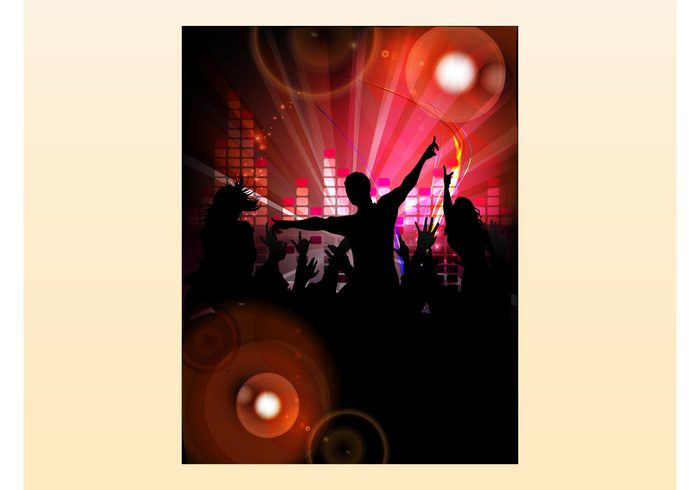 silhouettes rays poster people nightclub music light flyer DJ disco decorations dance crowd club circles bubbles bokeh 