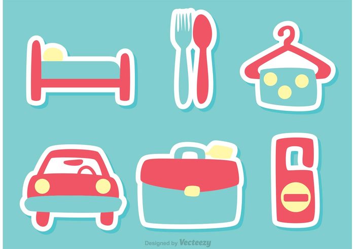 vacatiion travel towel suitcase spoon Silent rental car Privacy pink motel luggage hotel hanger fork food eat do not disturb car icon car blue bed bag  