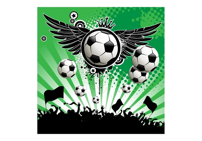 wings sport soccer silhouettes rays people Match halftone game football flags dots crowd balls ball 