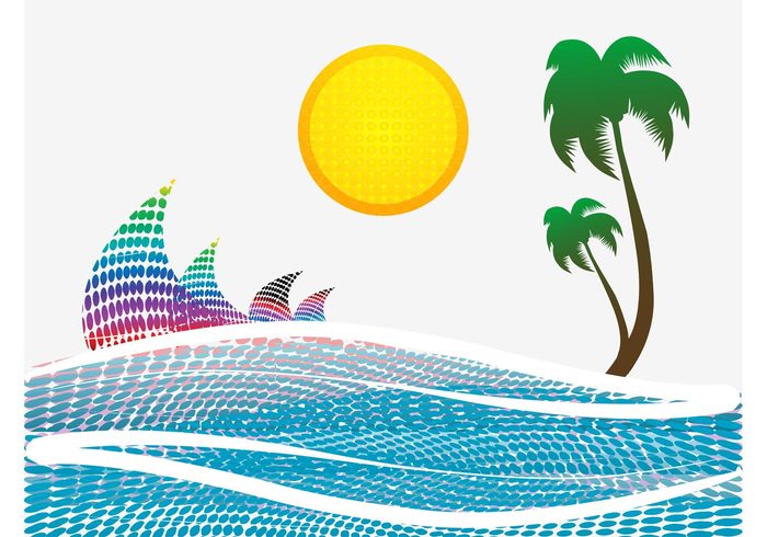 waves water vacation tropical trees sun sharks sea palms ocean nature Fins exotic Ellipses colorful circles abstract 