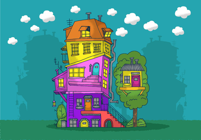 yellow window treehouse tree stairs stacked stack house red purple pink pile orange old house house cozy condo comic colorful clouds cartoon Build background architecture apartment 