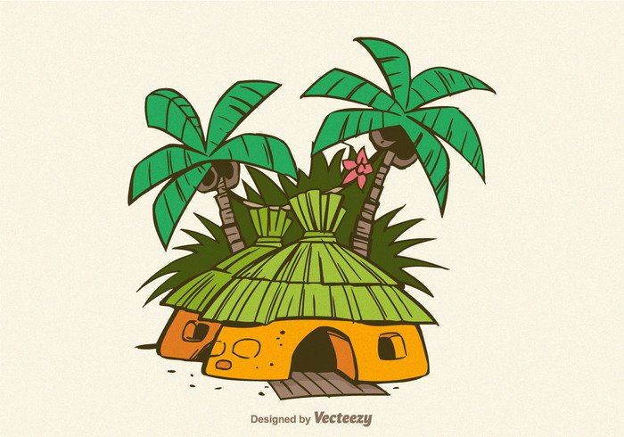 wooden vector tropics tropical tree stone shack rock palm object Nobody landscape jungle isolated illustration hand green flat drawn design colorful color cartoon cabin background 