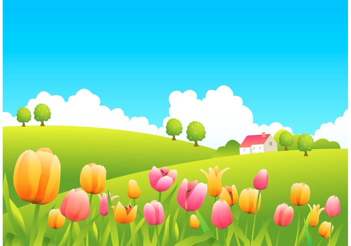 vector tulips tranquility sky rolling hills plants non urban scene Nobody no people nature mountain illustration illustrate hill happy growth grass golden glow Fragility flower field fantasy exterior environment Digital art creative countryside colorful clouds clip art cheerful blue sky background artwork art 