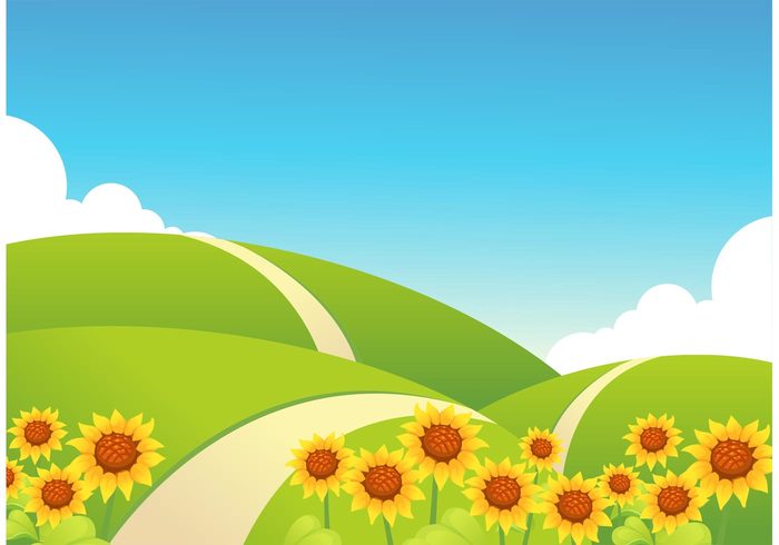 tranquility sunflowers sky rolling hills plants non urban scene Nobody no people nature mountain hill happy growth grass golden glow Fragility flower field fantasy exterior environment creative countryside colorful clouds cheerful blue sky background artwork art 