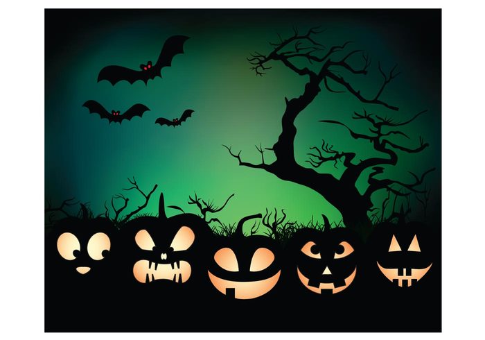 pumpkins night halloween glowing dark cartoon bird bat art abstract 