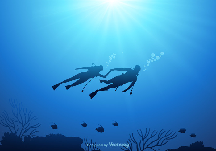 woman water vector underwater background underwater swim sun silhouettes silhouette seaweed sea scuba reef Ray person ocean marine man male light illustration graphic float fishes fish female fauna diver dive depth deep coral bubble body blue background art  