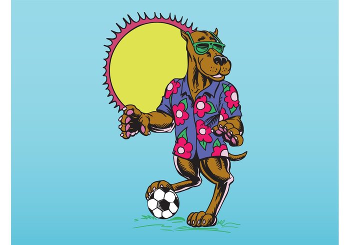 sunglasses sun sport soccer shades retro play Hawaiian shirt dog vector Comic Book colorful character cartoon ball animal 