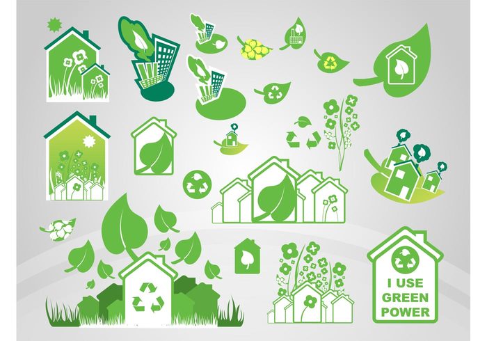 symbols stickers Stems spring sign recycle petals organic nature natural logos leaves houses grass flowers ecology eco buildings 