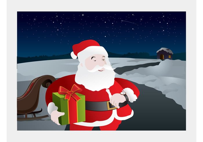winter watch template surprise snow sleigh santa vector santa claus present holiday greeting card gift festive character box 