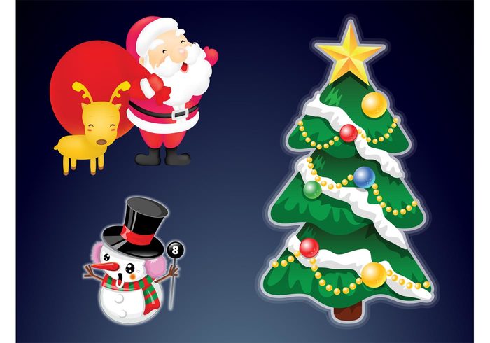 xmas winter tree snowman santa claus reindeer ornaments holiday hat festive decoration christmas vector celebration animal 