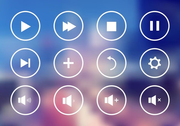 web volume control symbol stop start sound sign settings set reward repeat record push player play button icon play pause multimedia modern internet icon frames forward controls control color circle buttons button blurred audio 