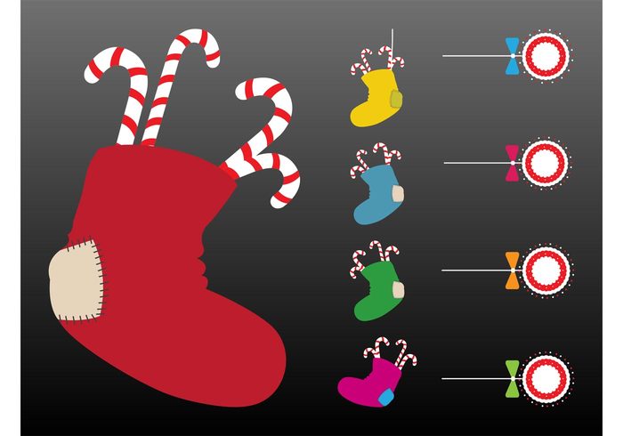 sweets socks round ribbons presents Patches ornaments holiday heels greeting card gifts festive decorations Candy canes candy bows balls 
