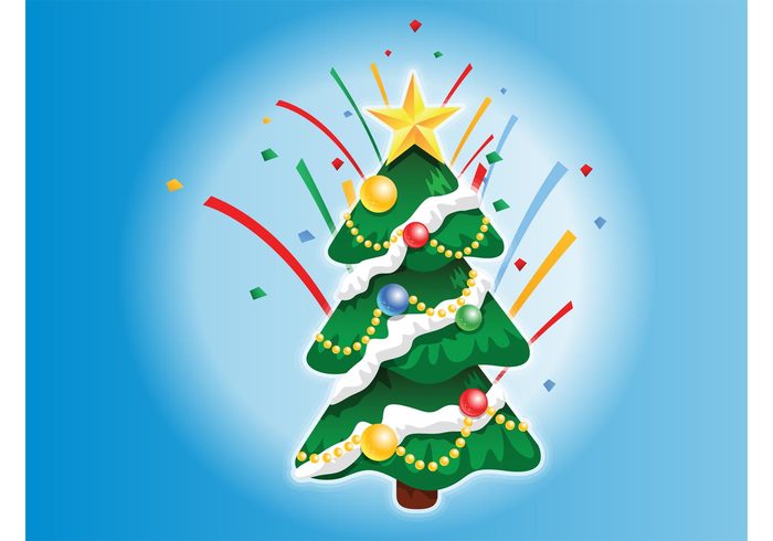 winter streamers sticker star snow ornaments holidays festive evergreen tree confetti comic colors cartoon balls 