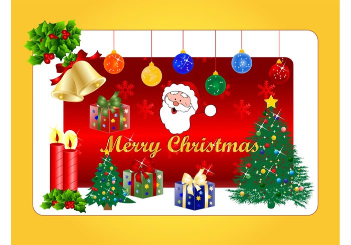 trees snowflakes santa claus ribbons ornaments mistletoe holiday greetings greeting card festive christmas celebration bell 