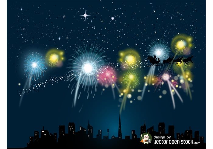 stars skyline santa claus reindeer night new year holiday Fireworks festive cityscape christmas celebration buildings 