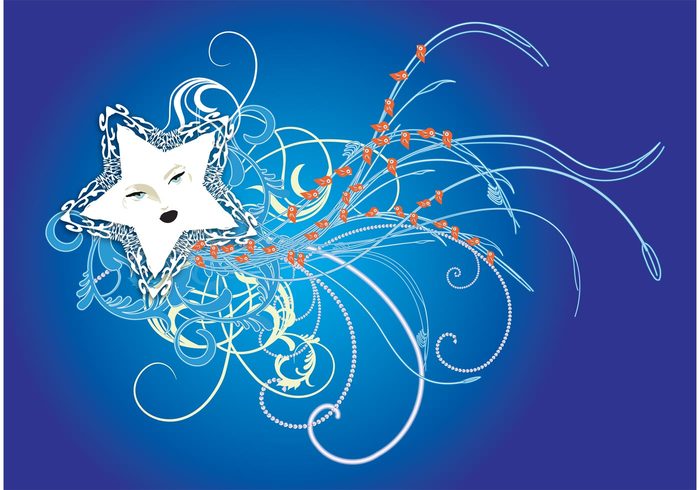 Vector image swirly swirls star shiny shining night face Design footage Design Elements decoration curves blue birds bird 