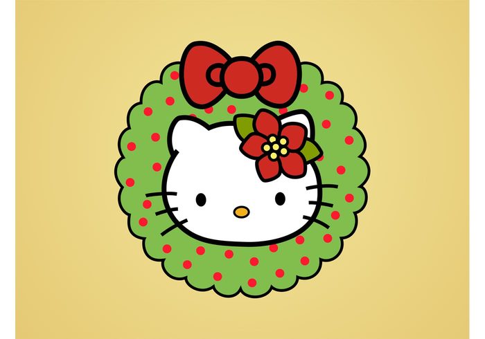 wreath poinsettia Kitty white kawaii holiday hello kitty festive cute christmas celebration cat cartoon bow badge 