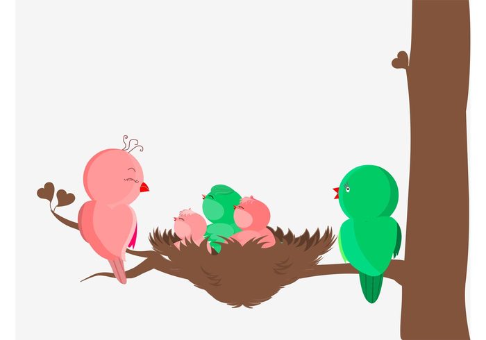 tree spring nest nature mother love happy father comic characters cartoon branch birds baby babies animals 