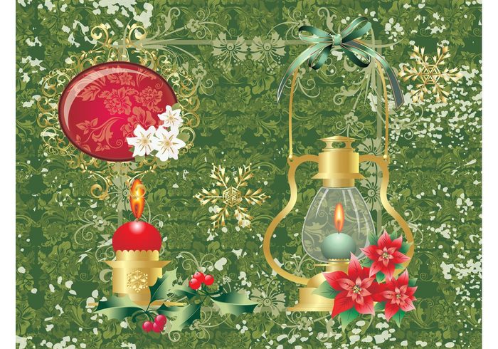 snowflakes ribbons poinsettia mistletoe lamps holiday greeting card golden gold flowers floral festive christmas celebration 