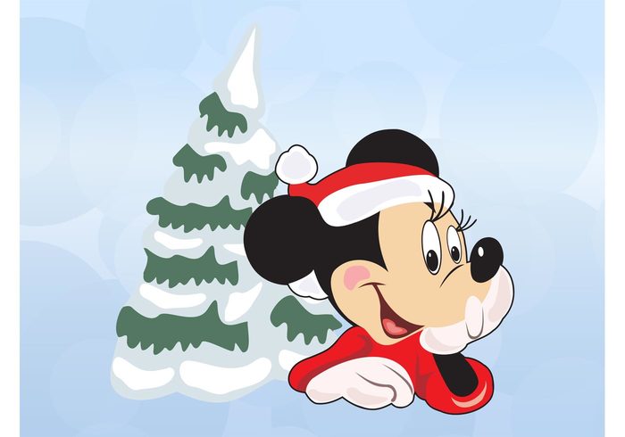 winter snow Smile Santa costume Minnie mouse vector holidays happy girl festive female evergreen tree disney character cartoon 